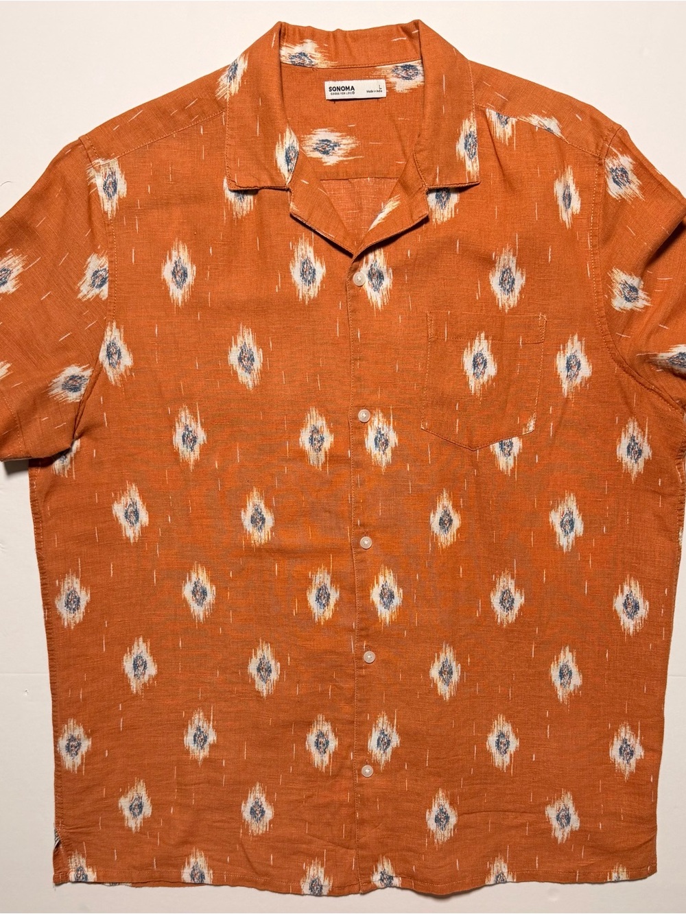 Sonoma Goods for Life Men’s L Burnt Orange Ikat Camp Shirt Linen Blend